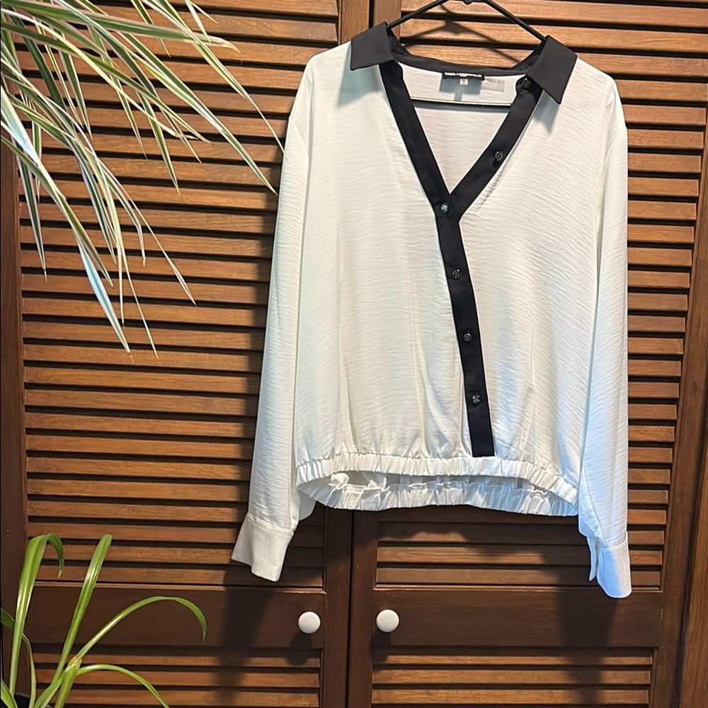 Karl Lagerfeld Black Trim White Blouse
